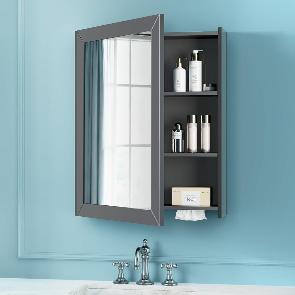 VANIRROR Bathroom Cabinet - Large Single Door 24x30 inchs Wall Cabinet Mirror Medicine Cabinet with Facial Tissues Slot and Multifunctional Storage Area