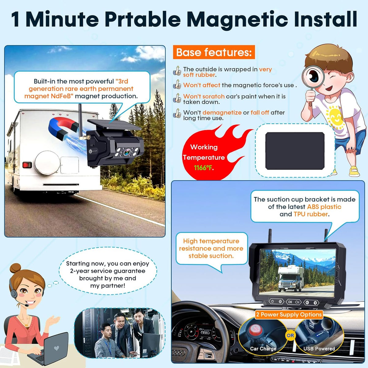 1080P HD Wireless Backup Camera: 1-Min Magnetic Easy Install No Wiring 7" Anti-Glare Monitor with Clear Night Vision - 24H Long Life Solar Scratch-Proof Rear View Camera for Truck Trailer SUV Small RV
