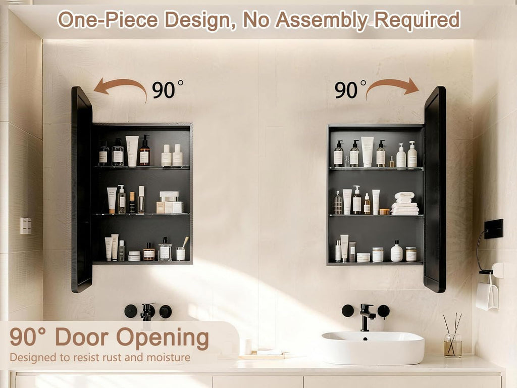 20x28 Inch Medicine Cabinet with Mirror for Bathroom, Black Aluminum Bathroom Medicine Cabinet, Recessed or Wall Mount Medicine Chest Over Sink, Modern Farmhouse Style, Fully Assembled
