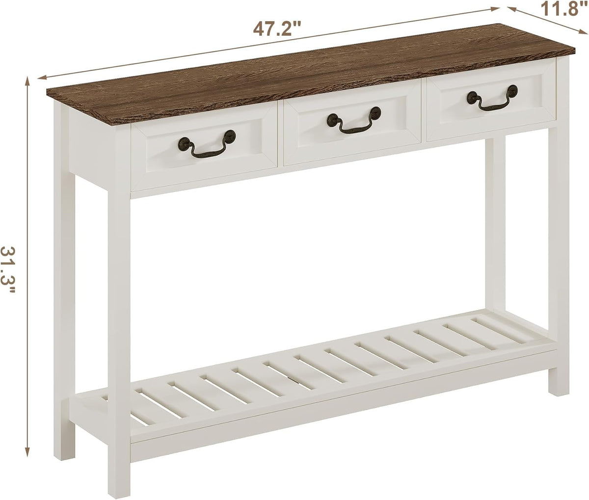ChooChoo 47" Farmhouse Console Table with 3 Drawers, Rustic Entryway Table, Narrow Long Sofa Table for Living Room, Hallway, Behind Couch, Soft White and Brown
