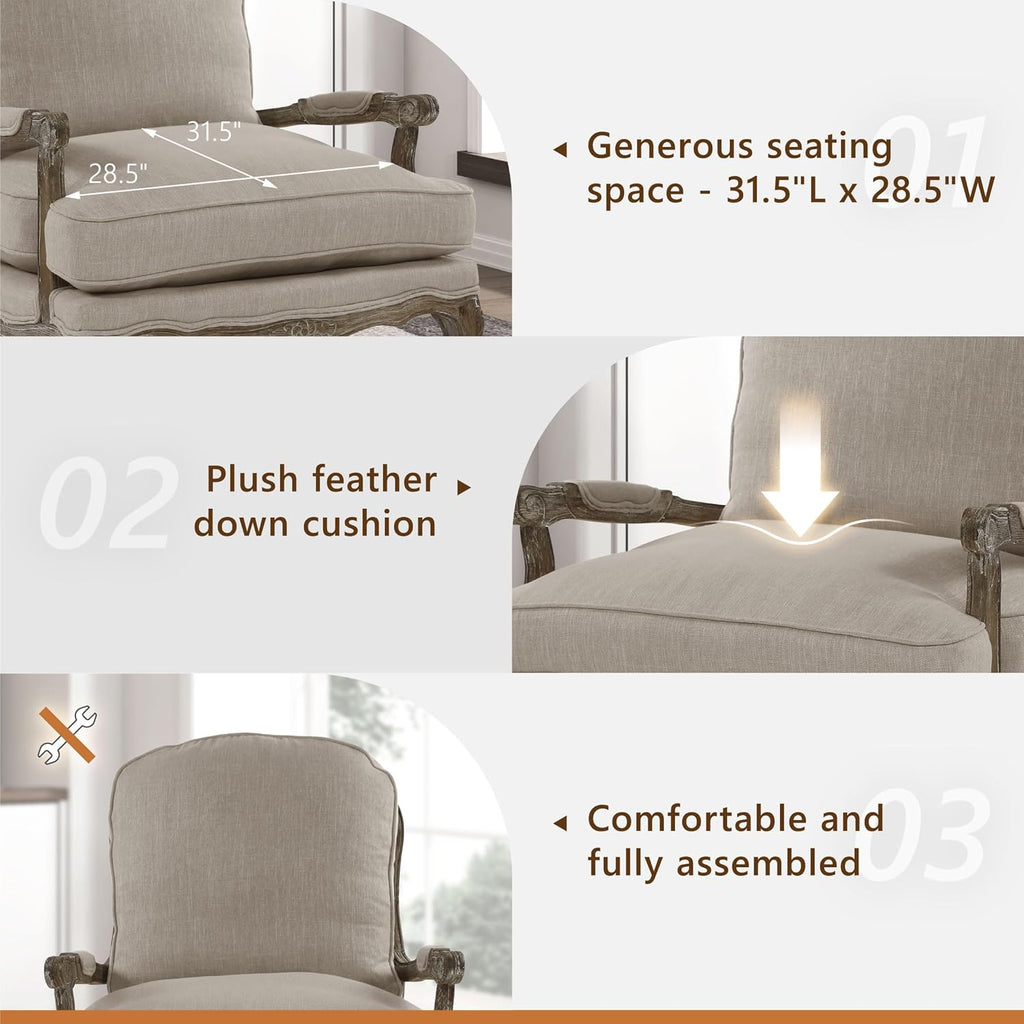Lexicon Parlier Show Wood Accent Chair - Mid Century Modern Chair for Living Room, Traditional French Country Style, Padded Arms, Reversible Cushion, Solid Wood Frame, Arrives Assembled, Neutral