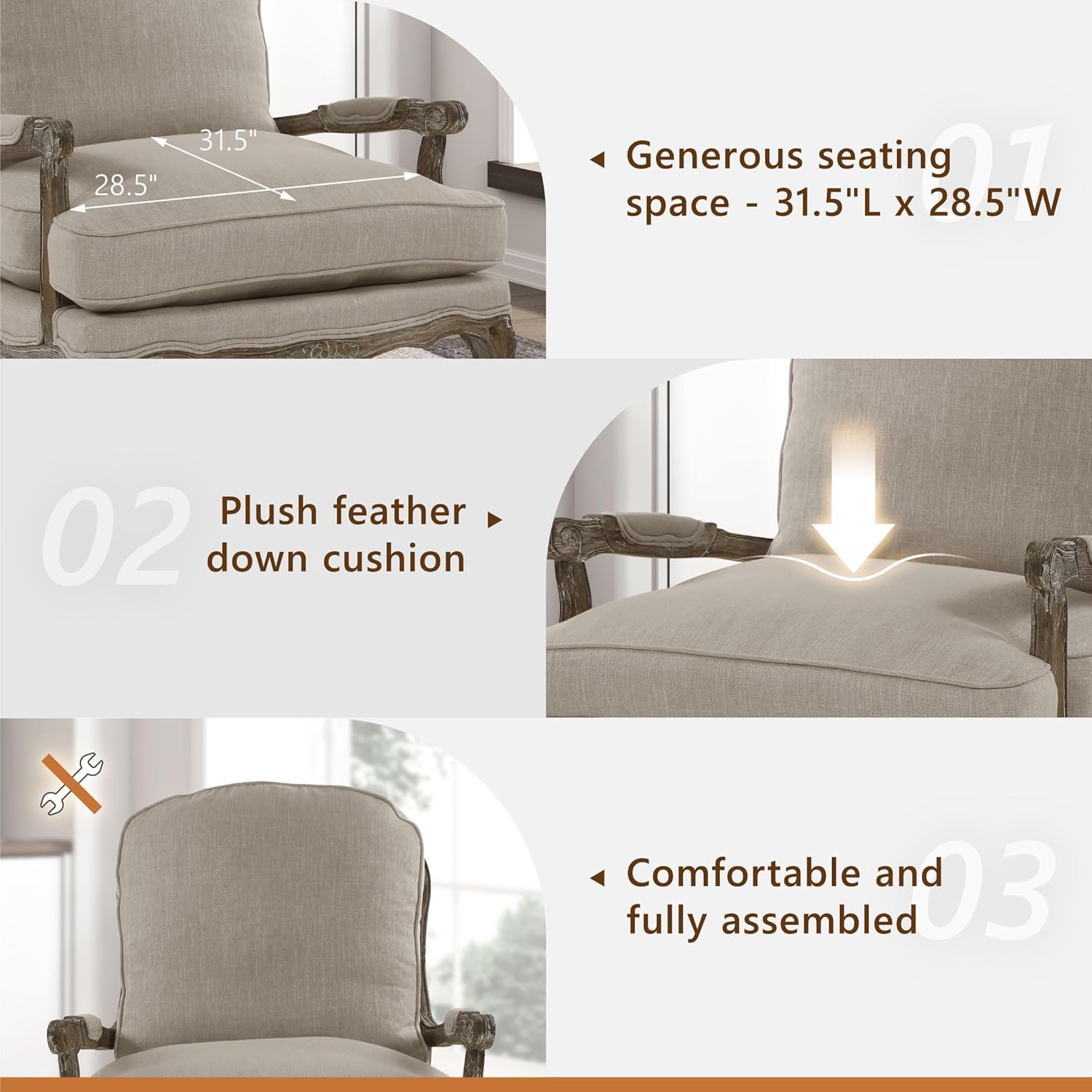 Lexicon Parlier Show Wood Accent Chair - Mid Century Modern Chair for Living Room, Traditional French Country Style, Padded Arms, Reversible Cushion, Solid Wood Frame, Arrives Assembled, Neutral