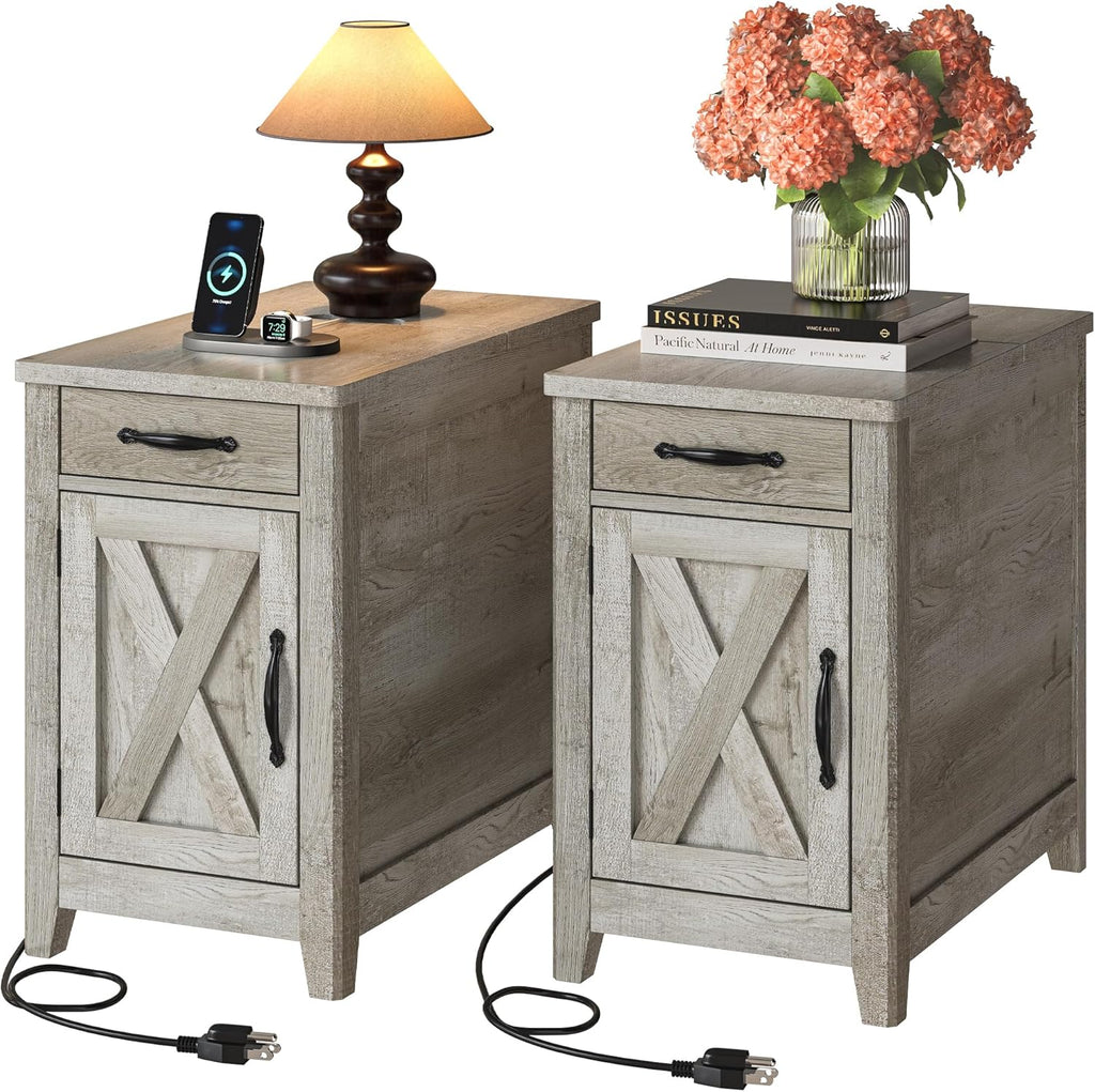 IRONCK End Table with Charging Station, Narrow Side Table for Living Room, Night Stand Set of 2 with Drawer and Cup Holder, Farmhouse Bedside Table with USB Ports and Outlets for Home, Beige Maple