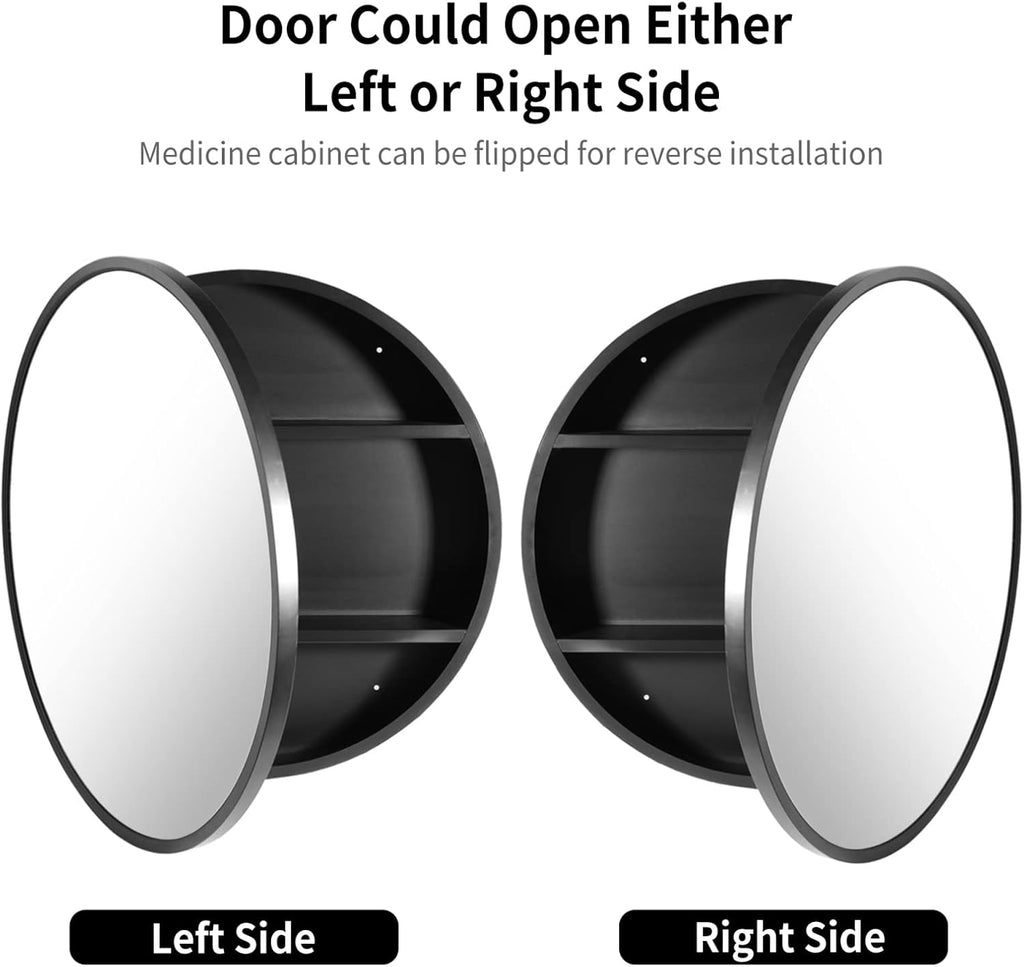 Movo Round 30 Inch x 30 Inch Black Metal Framed Bathroom Mirror Medicine Cabinet, Circular Storage Cabinet Surface Mounted