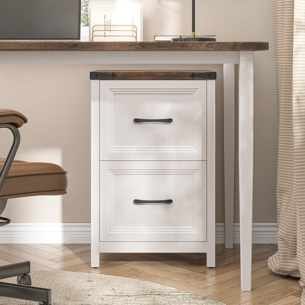 Vabches 2 Drawer Vertical File Cabinet, Wood Farmhouse Filing Cabinet Fits A4/Letter Size, Under Desk Small File Cabinets Printer Stand with Storage for Home Office, White and Brown