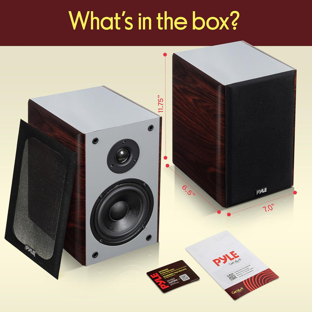 Pyle 6.5" Home Audio Speakers, 2-Way Passive Bookshelf, 240W Max Power, 1" Silk Dome Tweeter, Composite Woofer, Gold Plated 5 Way Binding Post, Rubber Surrounds, Beautiful Wood Grain Finish - Pair
