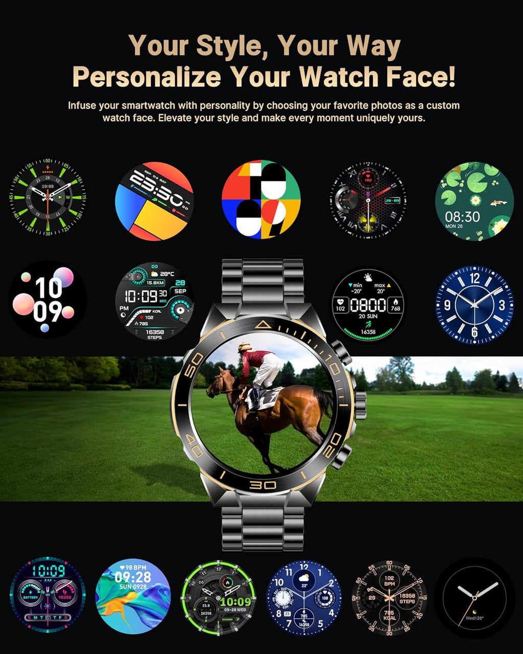 Smart Watch for Men Answer/Make Call for Android iPhone, 1.43" AMOLED HD Screen Mens Luxury Watch, 400mAh Heavy Duty Smartwatch Heart Rate Blood Oxygen Blood Pressure Sleep Monitor Pedometer, 2 Straps