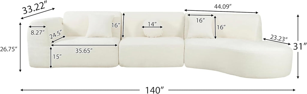 Merax 140" Curved Polyester Sectional Sofa Set, Modern Cloud Couch with Chaise Lounge & 3 Pillows, Fully Assembled for Living Room, Beige