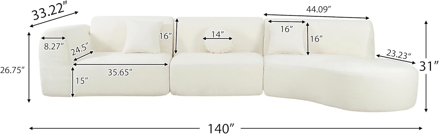 Merax 140" Curved Polyester Sectional Sofa Set, Modern Cloud Couch with Chaise Lounge & 3 Pillows, Fully Assembled for Living Room, Beige
