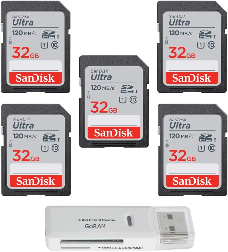 SanDisk 32GB Ultra SDHC UHS-I Class 10 Memory Card 120MB/s U1, Full HD, SD Camera Card SDSDUN4-032G (5 Pack) Bundle with (1) GoRAM USB 3.0 Card Reader