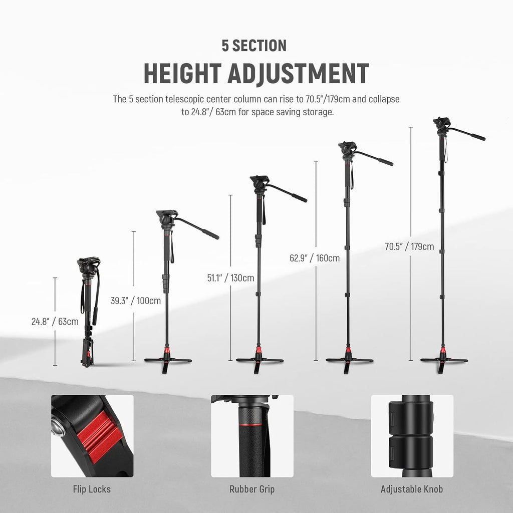 NEEWER Professional Camera Monopod with Feet, 70.5"/179cm Telescopic Portable Aluminum Travel Monopod with Pan Tilt Fluid Head and Removable Tripod Base for DSLR Camera Camcorder, Max Load 13.2lb/6Kg