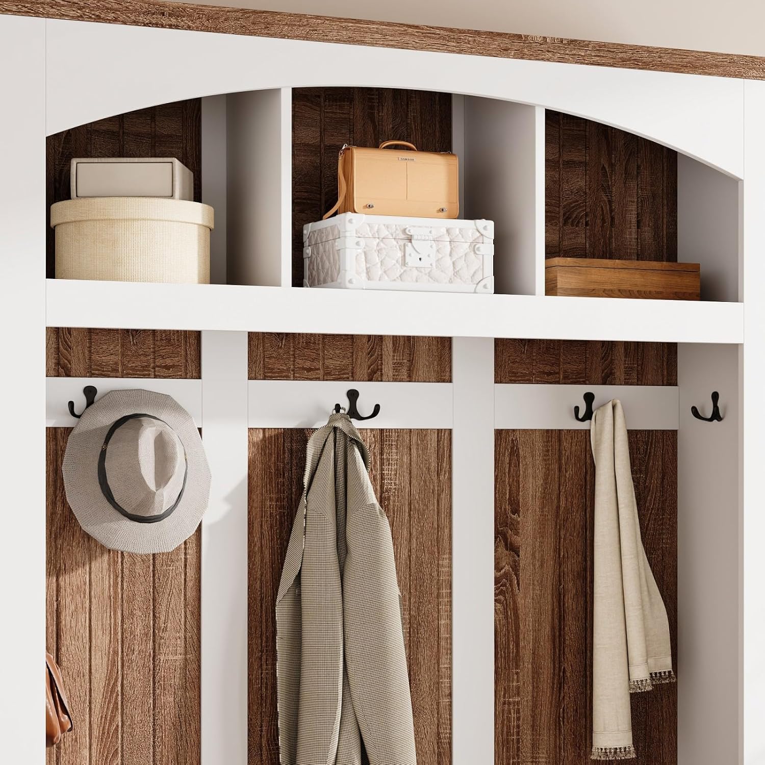 FUFU&GAGA Hall Tree with Bench and Shoe Storage, Entryway Bench with 5 Hooks, Farmhouse Arch Coat Rack with 2 Basket Drawers, Shelves for Mudroom Hallway, White & Brown, 47.2”W x 15.7”D x 66.9”H
