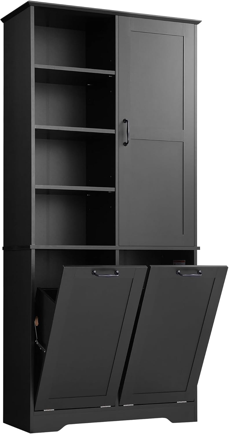 Tall Storage Cabinet with Door and Open Shelf, Multi-Functional Laundry Hamper Basket for Home Bathroom, Laundry Room, Black