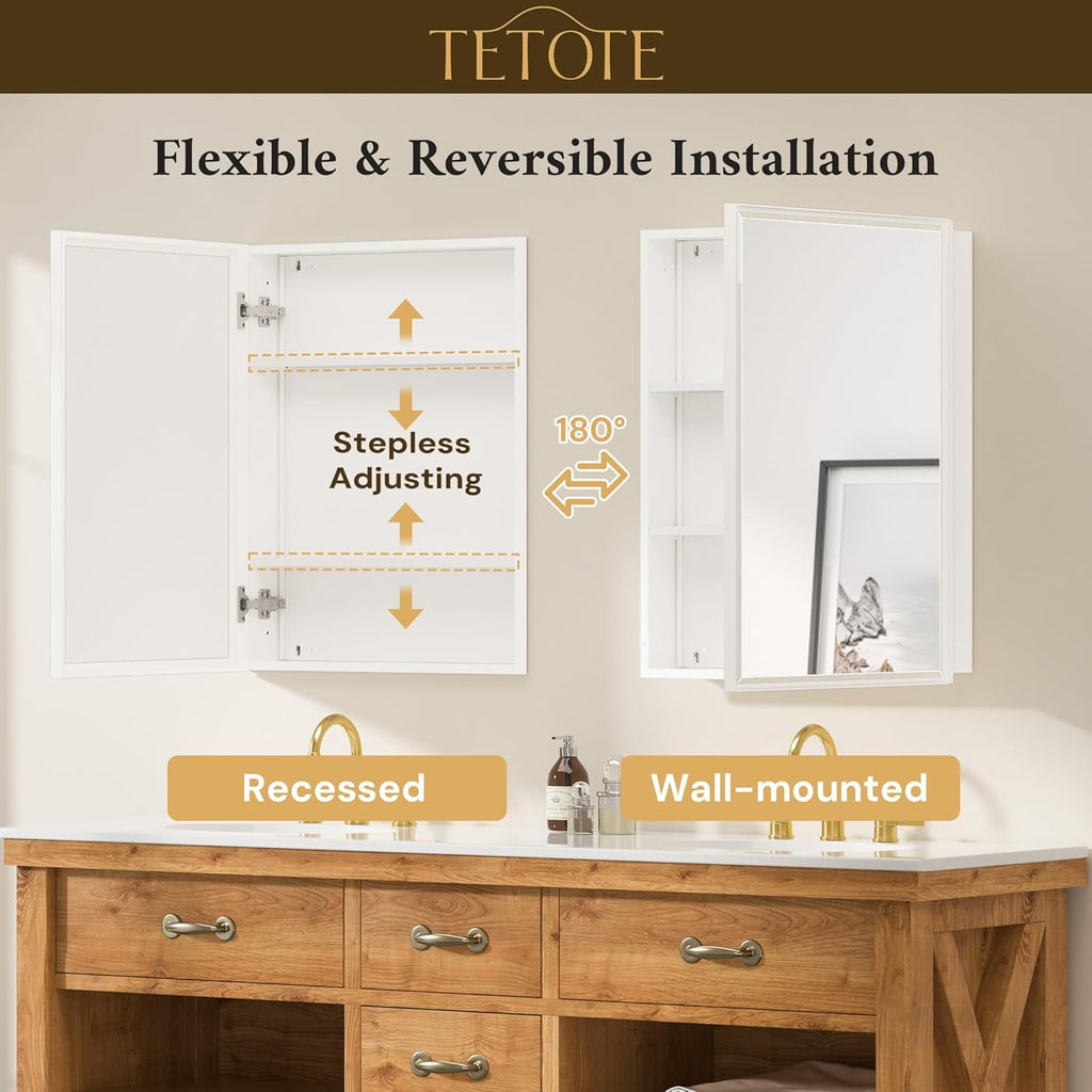 TETOTE 16" x 24" Medicine Cabinets for Bathroom with Tempered Mirror Recessed Medicine Cabinet with Aluminum Beveled Frame, Stepless Adjustable Shelves, DTC Hinge