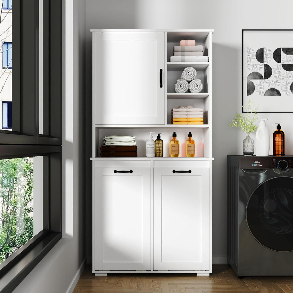 KEIKI 62.99'' H Laundry Cabinet with Doors and shelf, Tilt-Out Laundry Hamper, Multiple Storage Space, Freestanding Style, Open Shelve, Adjustable Shelf, White, (Style C)