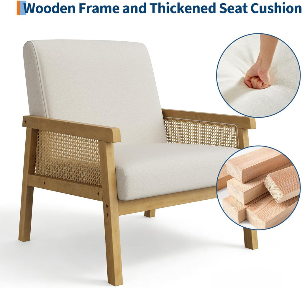 IDEALHOUSE Rattan Accent Chair, Linen Armchair, Upholstered Reading Chair with Wooden Frame and High Back, Leisure Chairs for Living Room Bedroom Waiting Room Reception, Beige