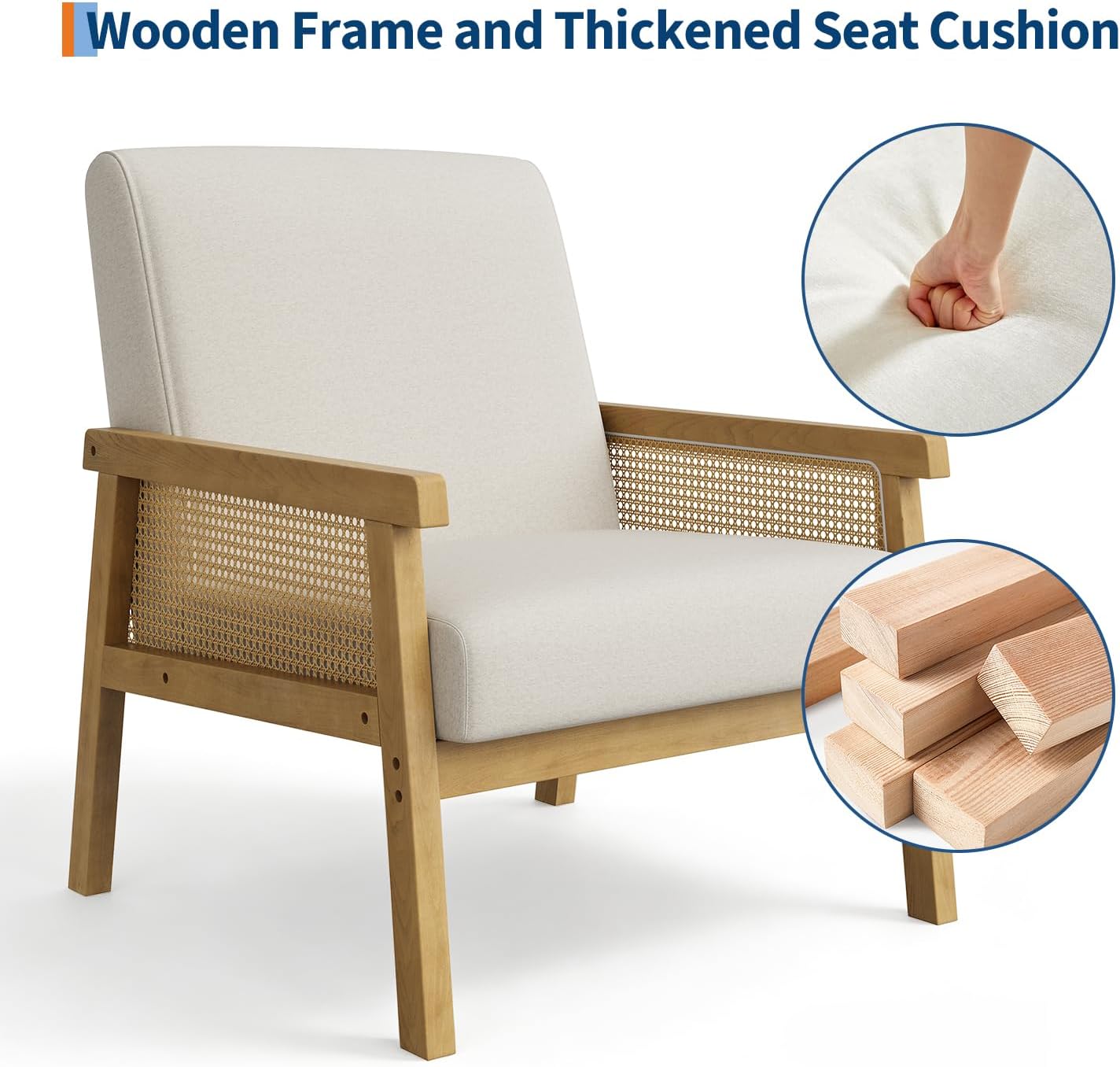 IDEALHOUSE Rattan Accent Chair, Linen Armchair, Upholstered Reading Chair with Wooden Frame and High Back, Leisure Chairs for Living Room Bedroom Waiting Room Reception, Beige