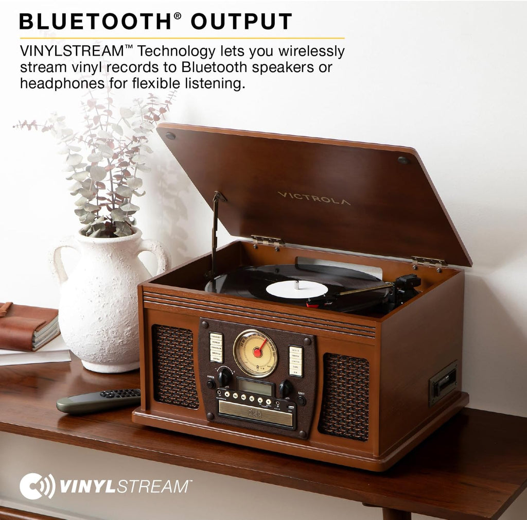 Victrola Navigator 8-in-1 Bluetooth Record Player with Built-in Speakers – 3 Speed, CD Player, Cassette, FM Radio, USB, RCA Out, Headphone Jack, Wireless Music Streaming, Real Wood (Walnut)