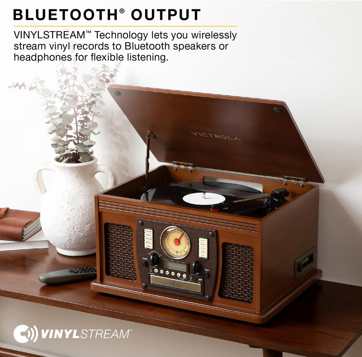 Victrola Navigator 8-in-1 Bluetooth Record Player with Built-in Speakers – 3 Speed, CD Player, Cassette, FM Radio, USB, RCA Out, Headphone Jack, Wireless Music Streaming, Real Wood (Walnut)