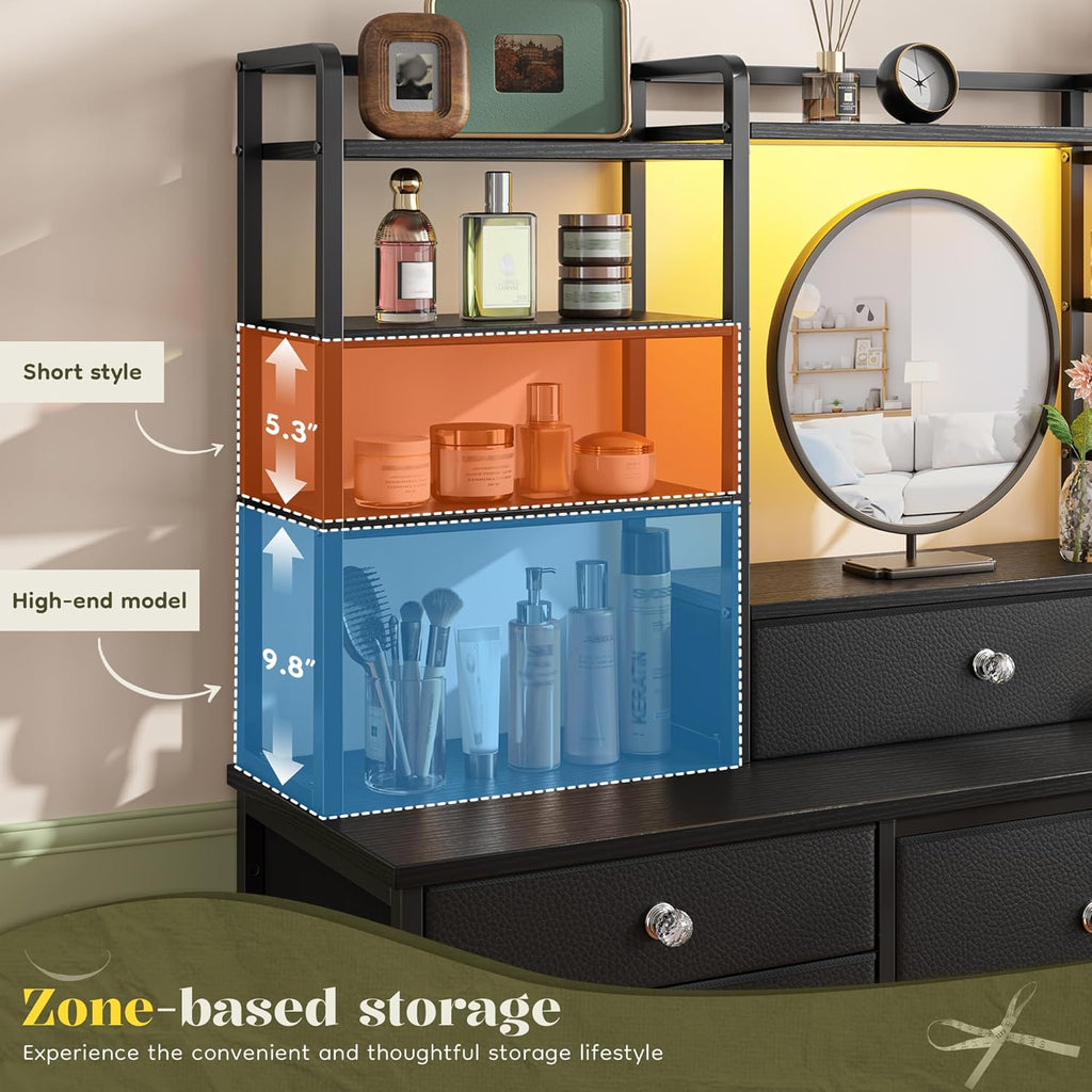 Romorgniz Black Dresser for Bedroom with 12 Drawers & LED Lights, Fabric Dressers & Chests of Drawers with Open Shelves, Vanity Dresser Organizer with Metal Frame Wooden Shelf for Entryway Closet