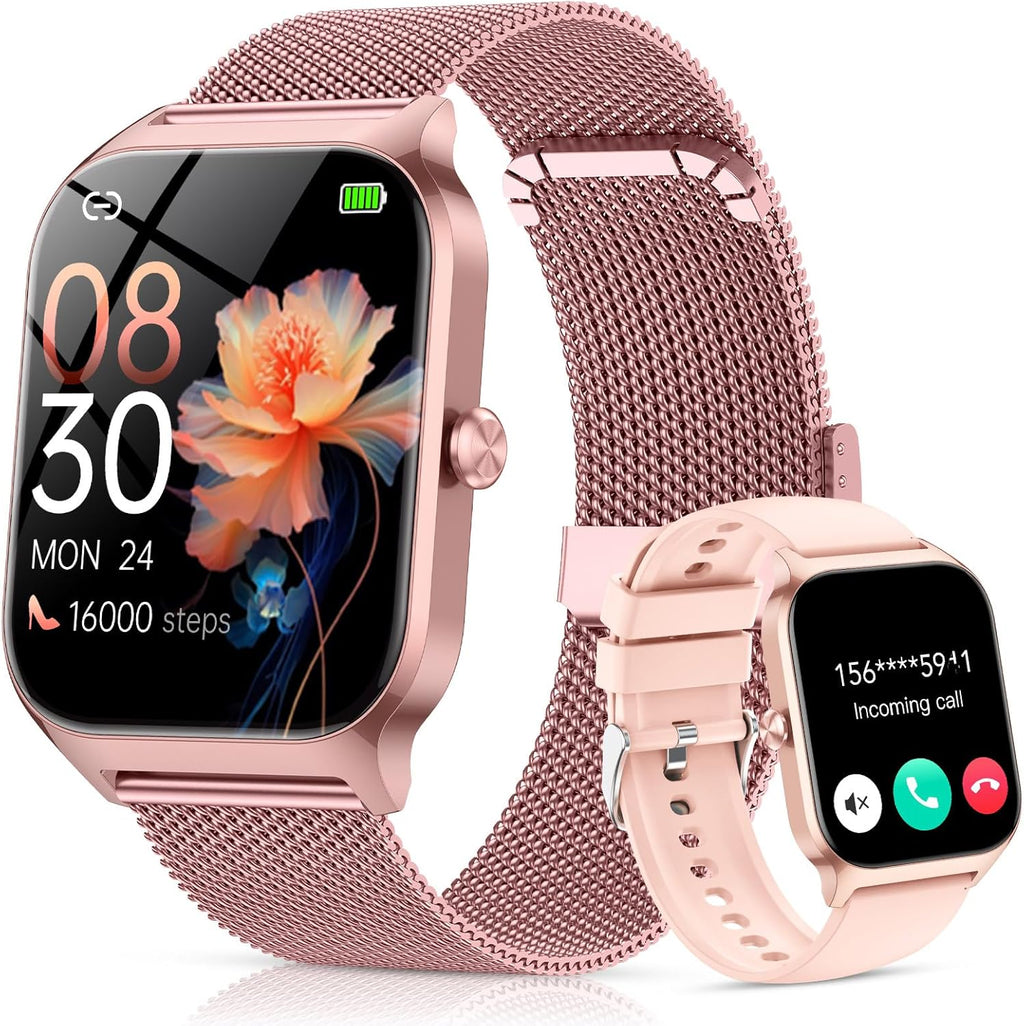 CASCHO Smart Watch for Women (2 Bands), Bluetooth Call Smartwatch with AI Voice,1.85" HD Fitness Watch,Heart Rate/SpO2/Steps/Sleep Monitor,120+ Sports Modes,IP68 Waterproof Watch for Android iOS-Rose