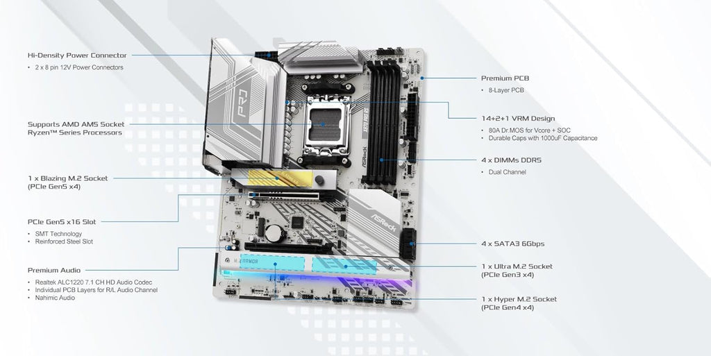 ASRock X870 Pro RS AMD Ryzen Socket AM5 ATX Motherboard DDR5 DIMMs 8000 MHz 256 GB PCIe Gen5 SATA3 6.0 Gb/s