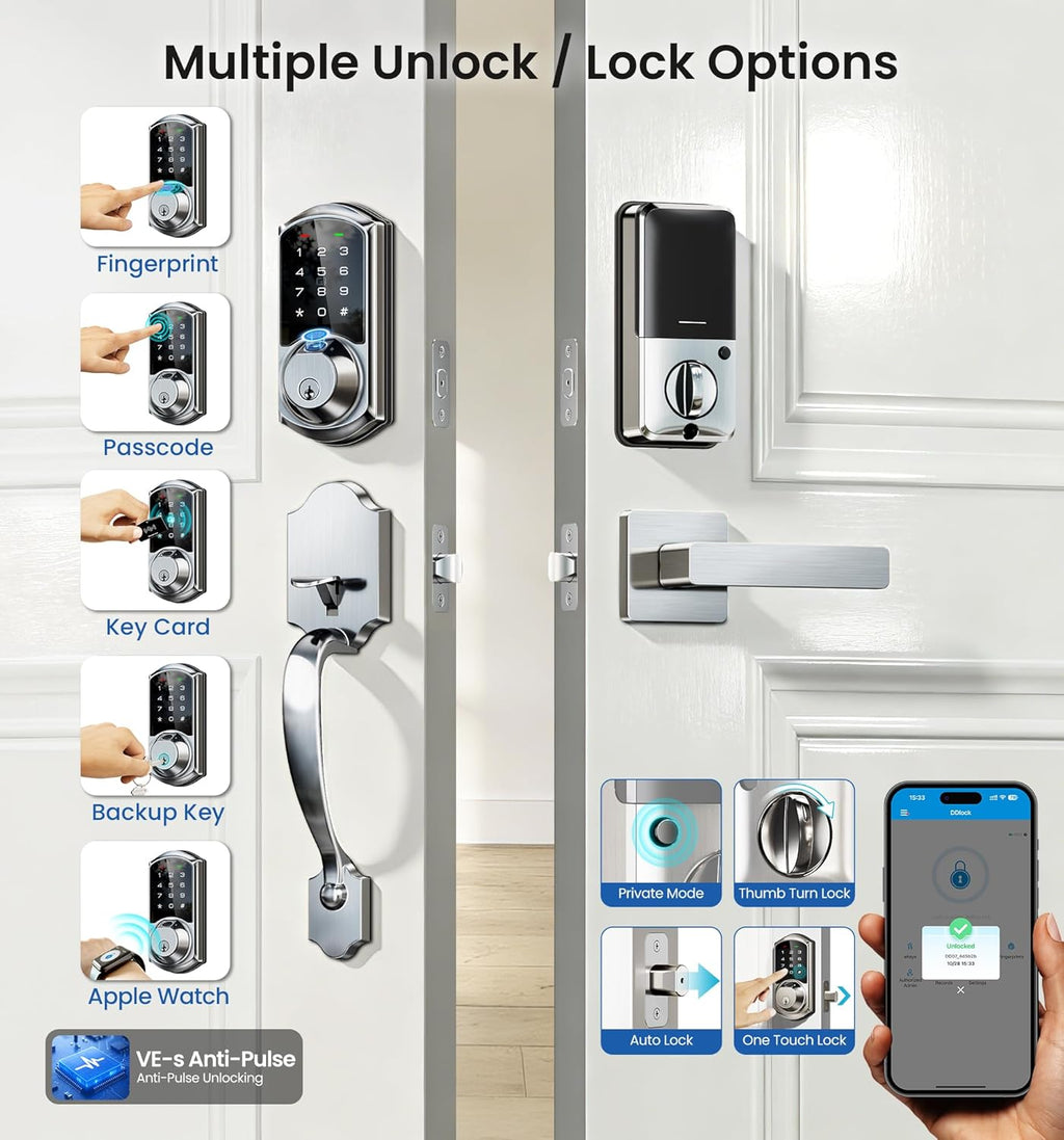 Veise VE07-H Fingerprint Smart Locks for Front Door with Handle Set, App Control, Keyless Entry Keypad Deadbolt, Digital Electronic Touchscreen, Easy Install, Auto Lock, Satin Nickel