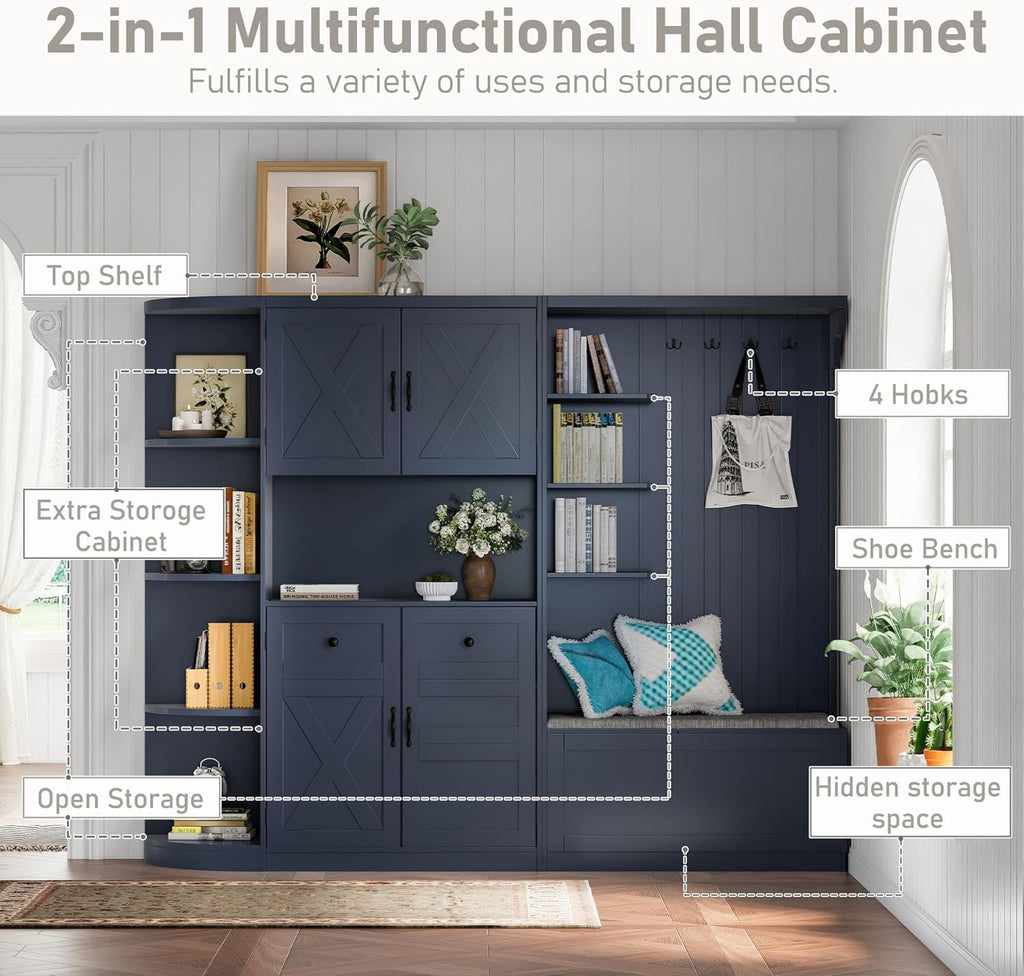LUMISOL Wide Hall Tree with Storage and 4 Hooks, Left-Right Combination Hall Cabinet, Can Be Used Separately, Entryway Storage Cabinet with Bench, for Living Room Kitchen, Antique Blue