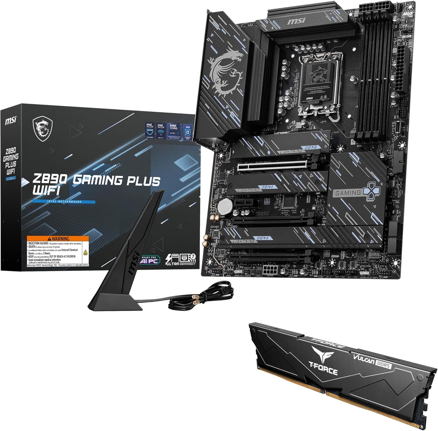 MSI Z890 Gaming Plus WiFi Motherboard,ATX-Supports Core Ultra Series 2 Intel,LGA 1851,DDR5,PCIe 5.0,M.2,SATA,5Gbps LAN,USB C,WiFi 7,Bluetooth 5.4,Thunderbolt 4+HIGH-Speed DDR5 RAM 16GB(1x16GB) Bundle