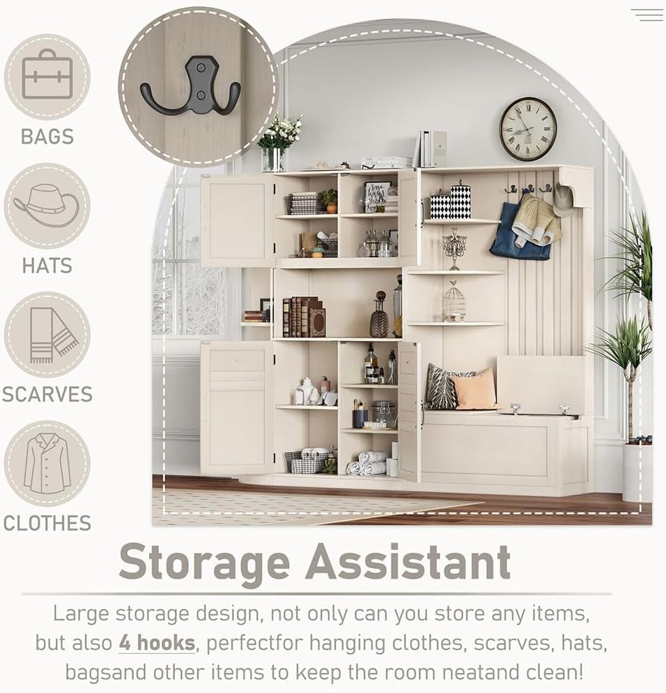 79" Multifunctional Hall Cabinet with Hooks & Storage, Left-Right Combination Entryway Organizer with Bench, 5 Cabinets, 8 Shelves, Space-Saving Mudroom Coat Rack Cabinet,Beige