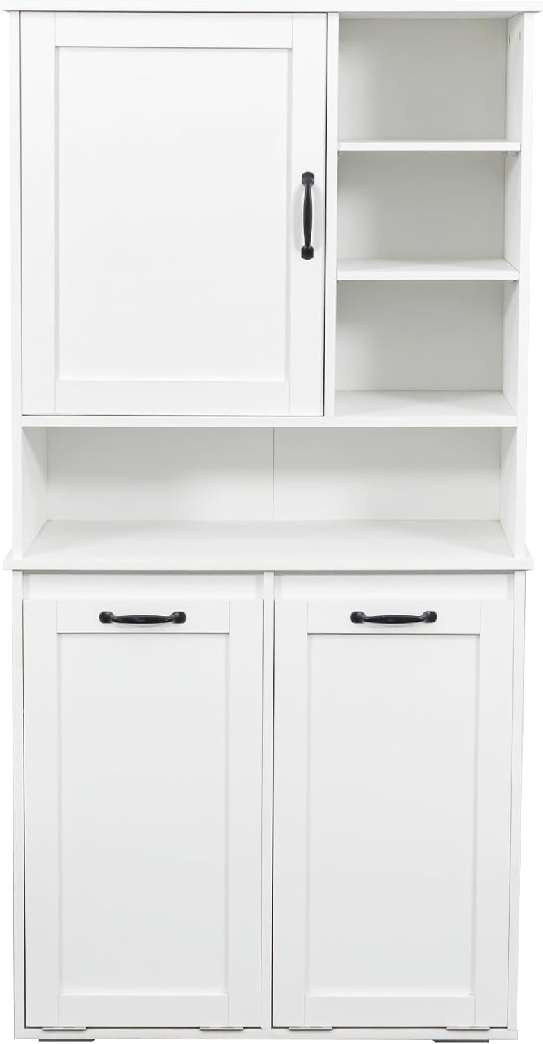 SOFTSEA Tilt-Out Laundry Hamper Cabinet, Cabinet with Doors and Open Shelf, 63 Inch Tall Accent Table for Bathrooms Laundry Room Kitchen, White
