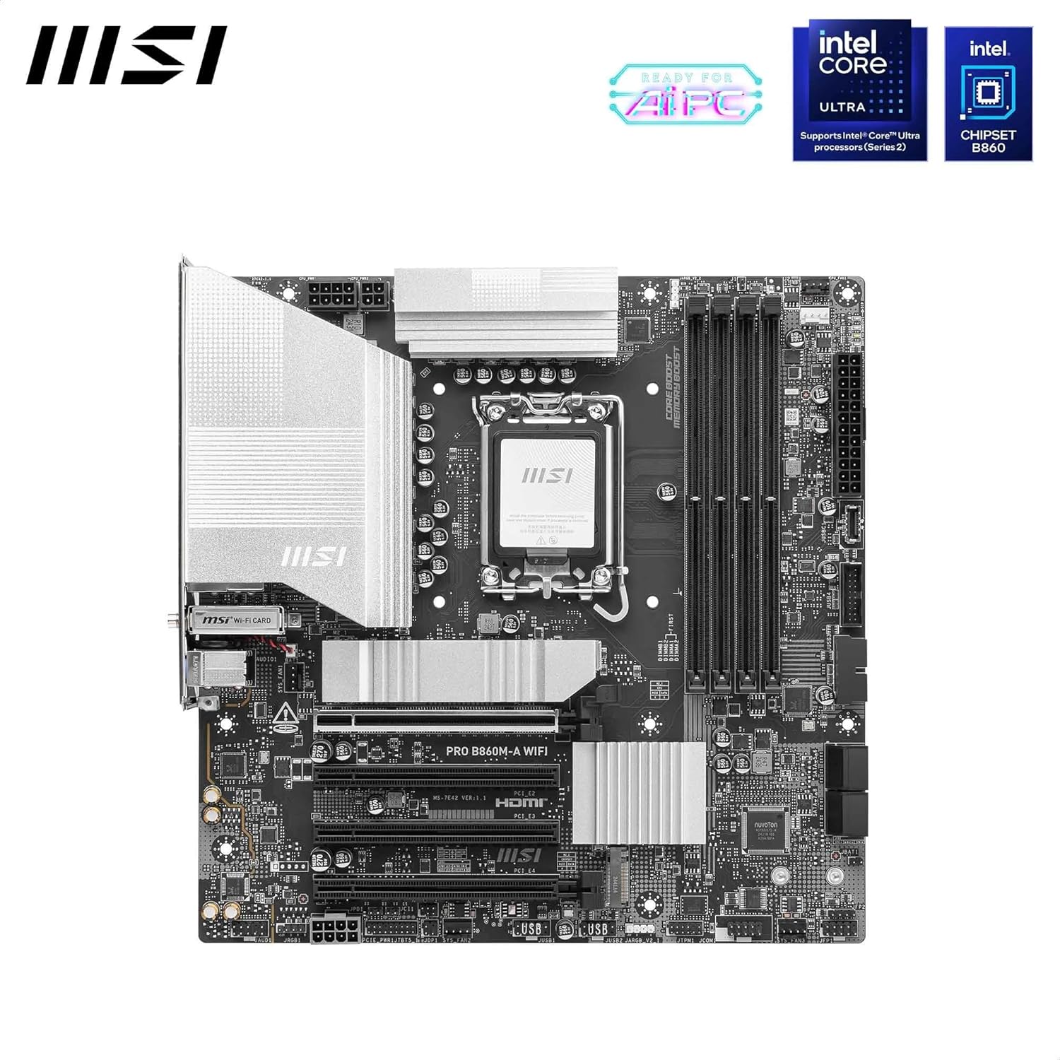 MSI PRO B860M-A WiFi Motherboard, mATX - Supports Intel Core Ultra Processors (Series 2), LGA 1851-12 DRPS, DDR5 Memory Boost (8600+ MT/s OC), PCIe 5.0 x16 & 4.0 x16, M.2 Gen5, Wi-Fi 7, 5G LAN