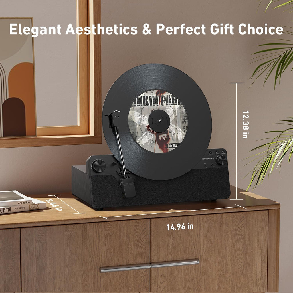 Vertical Automatic Record Player Bluetooth, MYKESONIC Belt Drive Vinyl Turntable, Magnetic AT-3600L Cartridge, Bluetooth in & Out, Hi-Fi Stereo Speakers, Aux in Headphone, RCA Out, Anti-Resonance