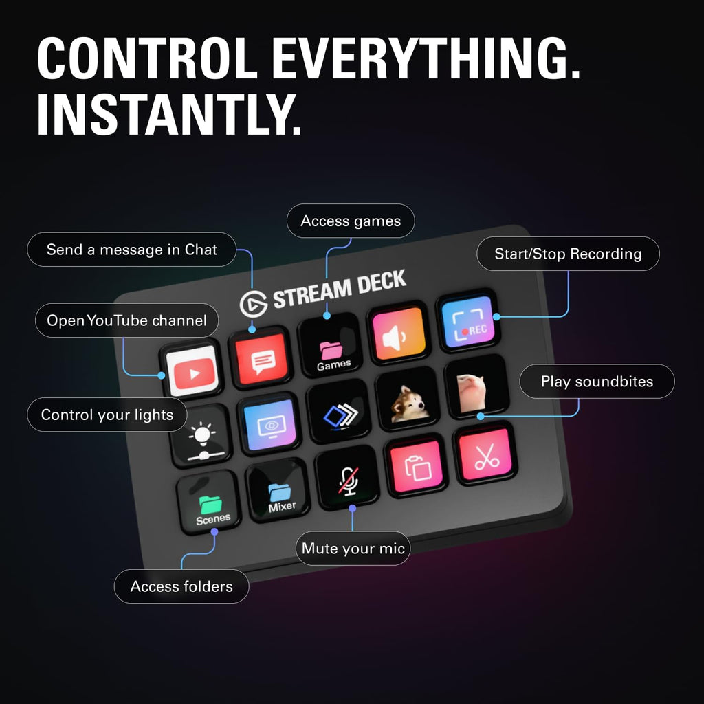 Elgato Stream Deck MK.2 – Studio Controller, 15 macro keys, trigger actions in apps and software like OBS, Twitch, YouTube and more, USB, works with Mac and PC