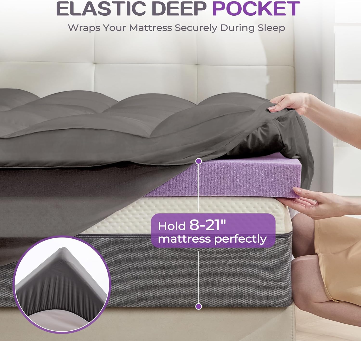 SINWEEK Dual Layer 5 Inch Memory Foam Mattress Topper King Size, 2 Inch Gel Memory Foam Plus 3 Inch 1450 GSM Down Alternative Quilted Pillow Top Mattress Pad Cover, Dark Gray