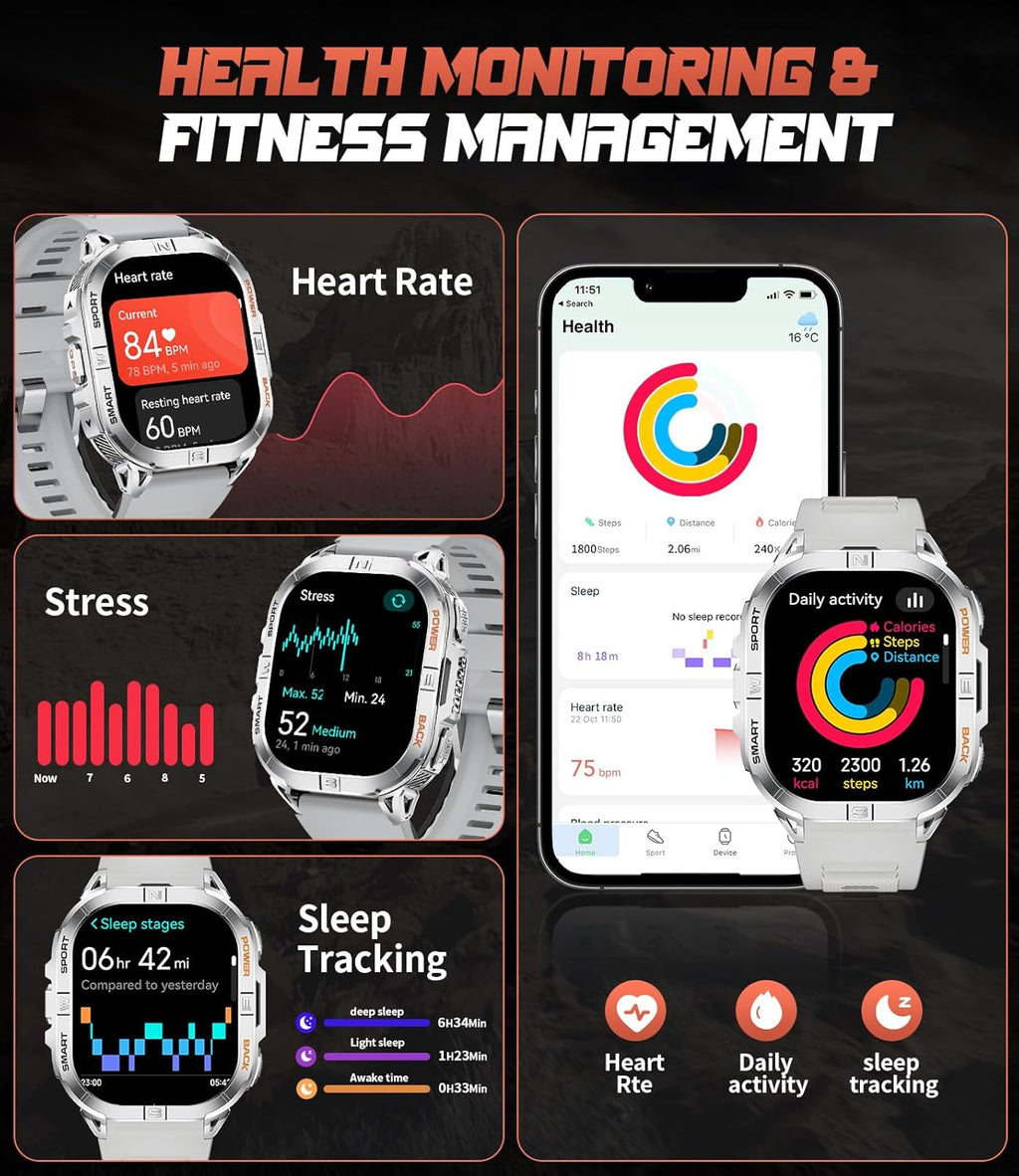 LIGE GPS Sports Smart Watch for Men, 2.13'' AMOLED Smartwatches, 170+ Sport Modes/LED Flashlight/Compass, IP68 Waterproof Step Tracker Watch, Sleep/Pedometer Smart Watches for Android iOS (Sliver)