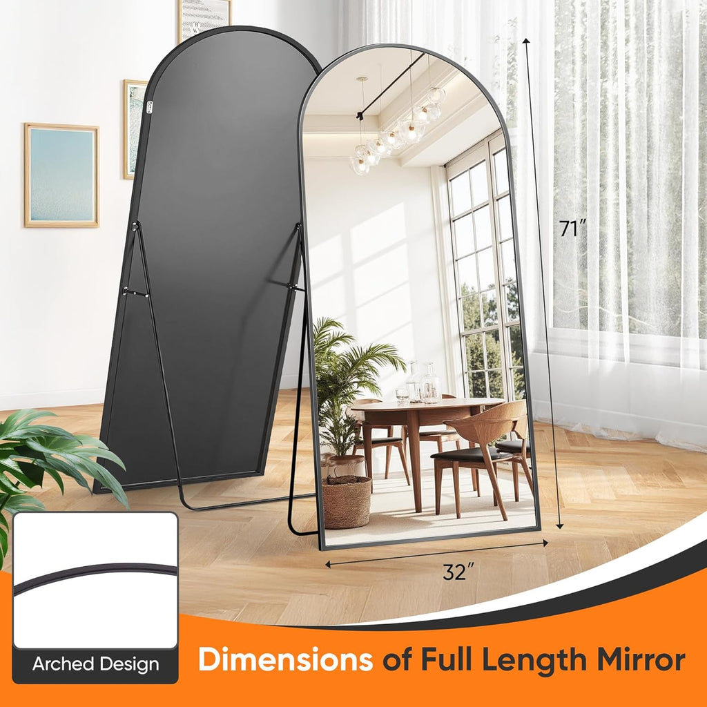 Suidia Full Length Mirror, 71"x32" Floor Standing Mirror Freestanding, Full Body Mirrors with Stand for Bedroom, Hanging Mounted for Living Room Cloakroom, Black, Arched Style