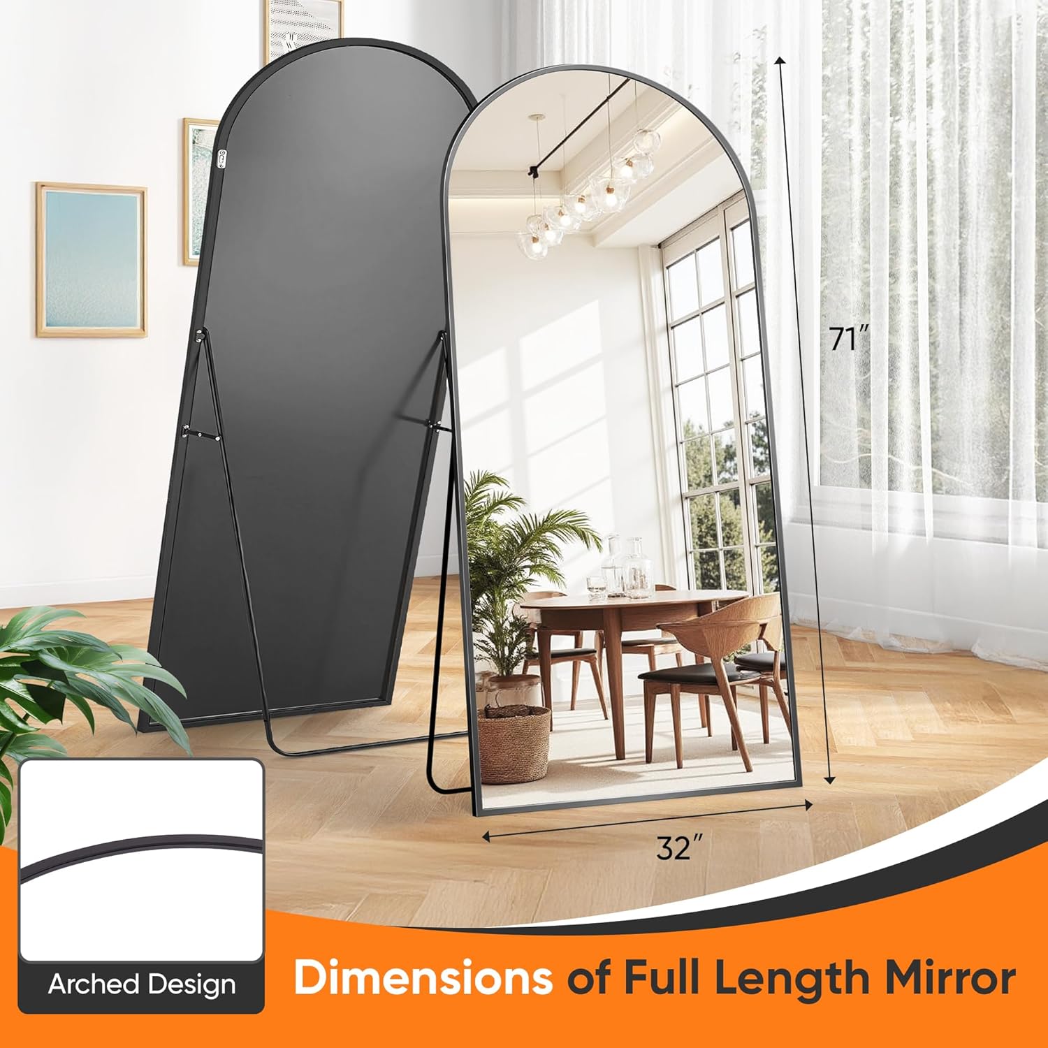 Suidia Full Length Mirror, 71"x32" Floor Standing Mirror Freestanding, Full Body Mirrors with Stand for Bedroom, Hanging Mounted for Living Room Cloakroom, Black, Arched Style