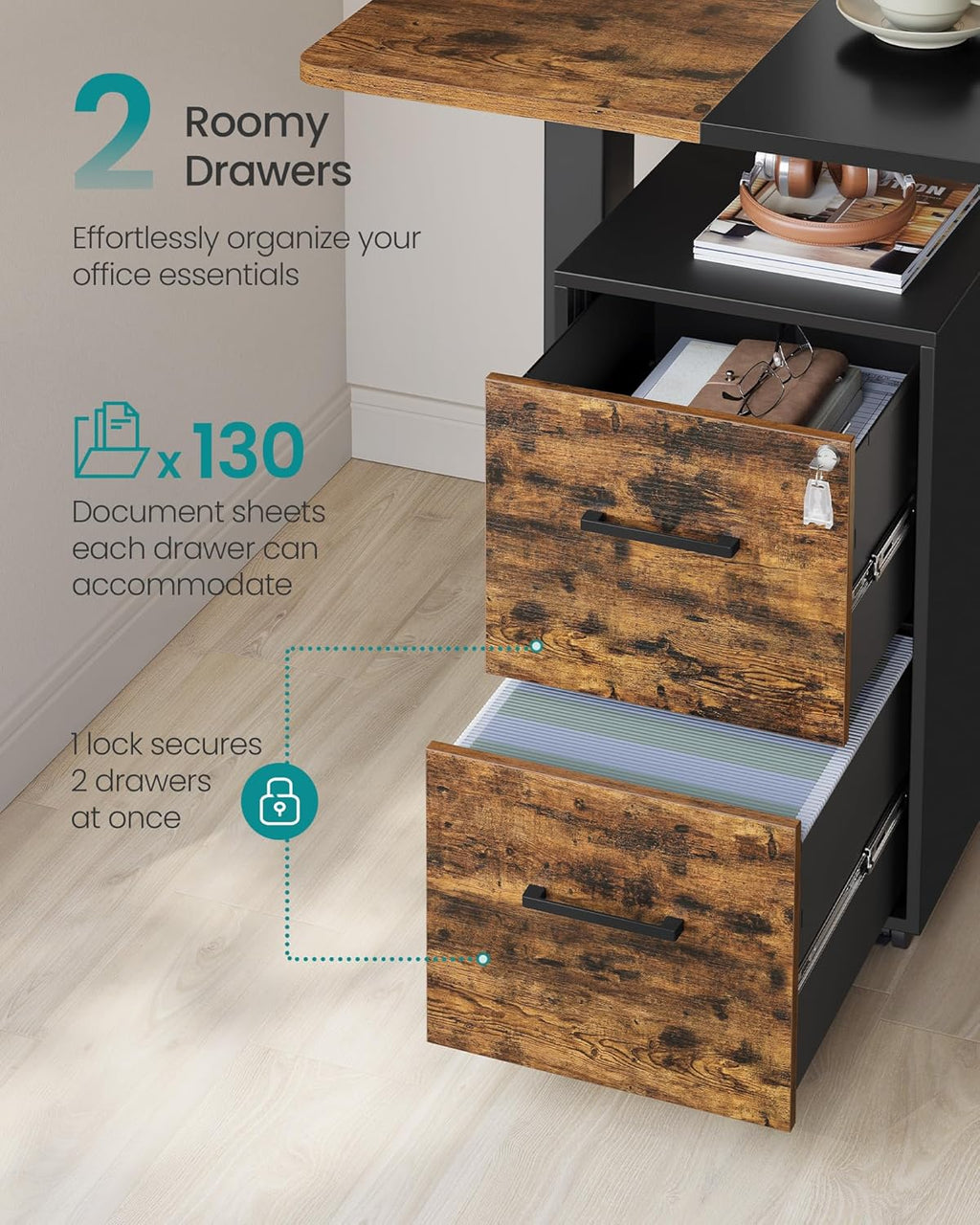 SONGMICS File Cabinet, Pre-Assembled Except Wheels and Handles, Office Filing Cabinet with Lock, for A4, Legal, Letter Sized Documents, 17.7 x 14.4 x 25.4 Inches, Rustic Brown and Black UOFC112B02