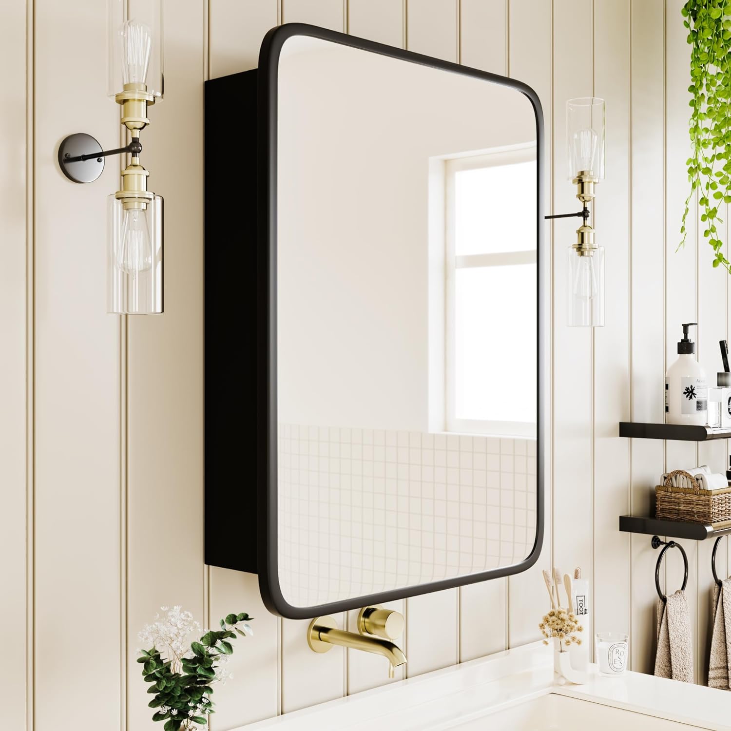 AGDULL Vintage-Style Bathroom Medicine Cabinet, Surface Mount or Recessed, Wood Wall Cabinet with Black Metal Frame Curved Mirror, Overall 20" W x 30" H