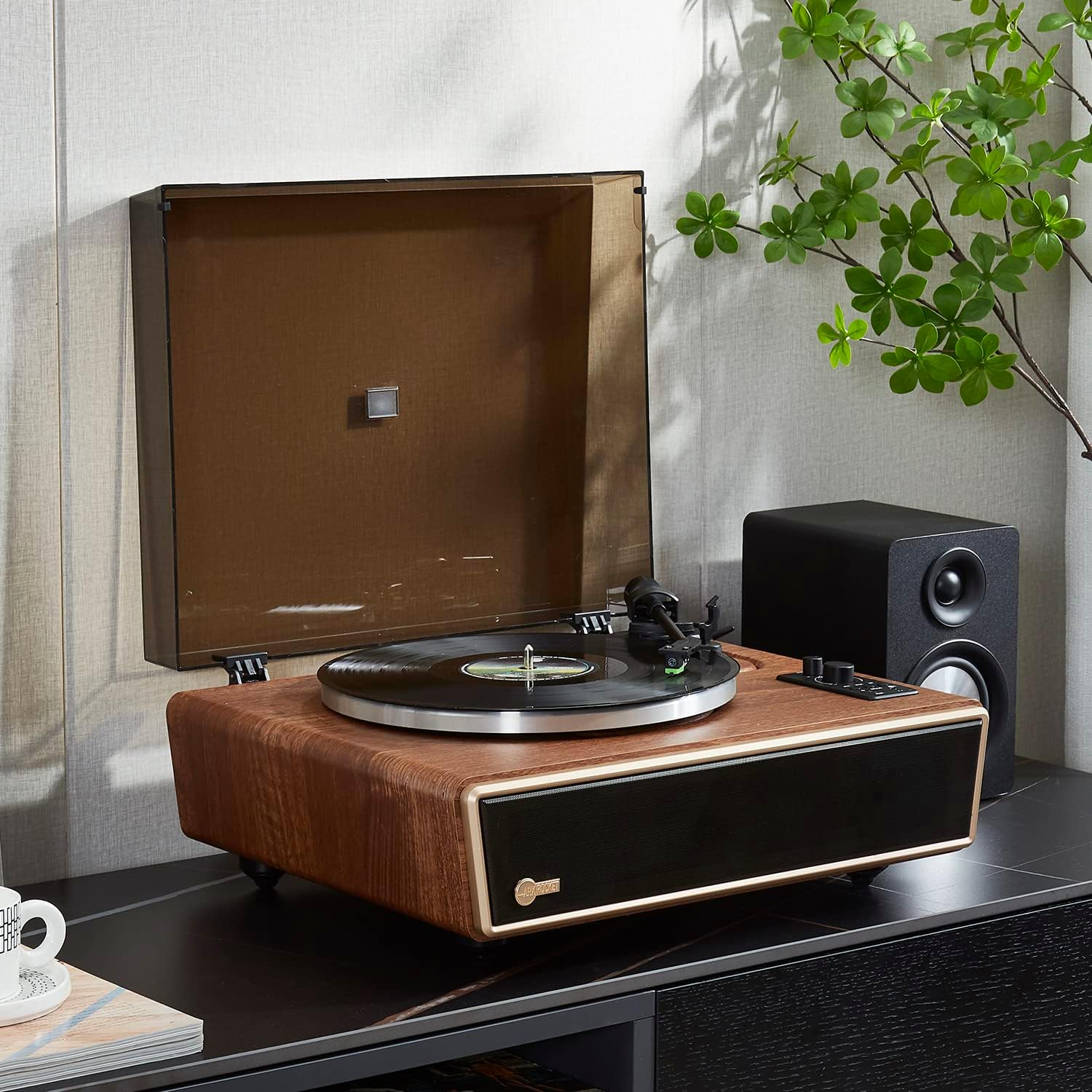 Arkrocket Huygens High Fidelity Bluetooth Record Player with Built-in Speakers Belt Drive Vinyl Turntable with Moving Magnet Cartridge, Bluetooth Input Output and Aux-in (Huygens Walnut)