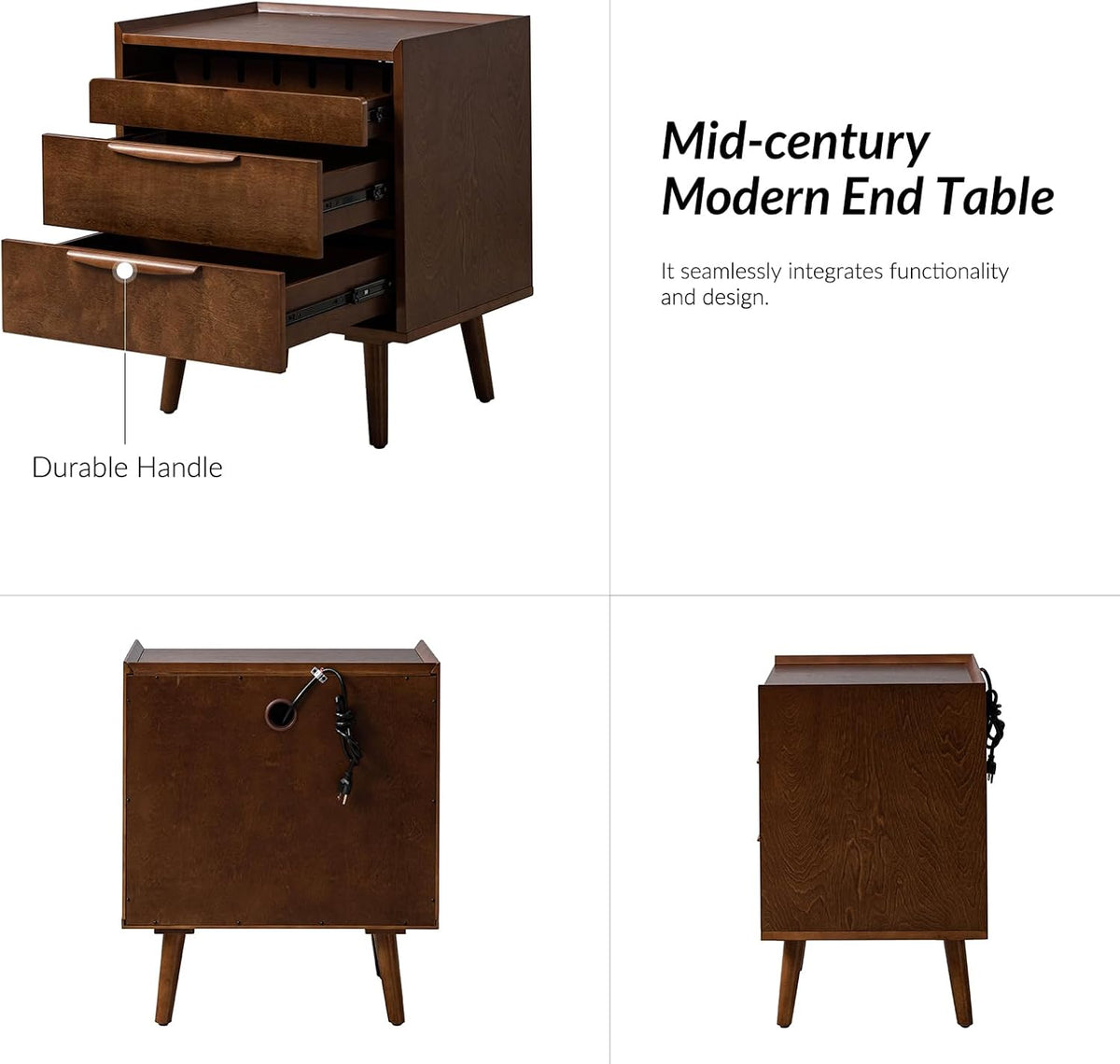 HULALA HOME 2 Drawer End Table with Pull-Out Shelf, Mid-Century Modern End Table with Wood Legs, Wood Side Table with Charging Station(Walnut, Set of 2)