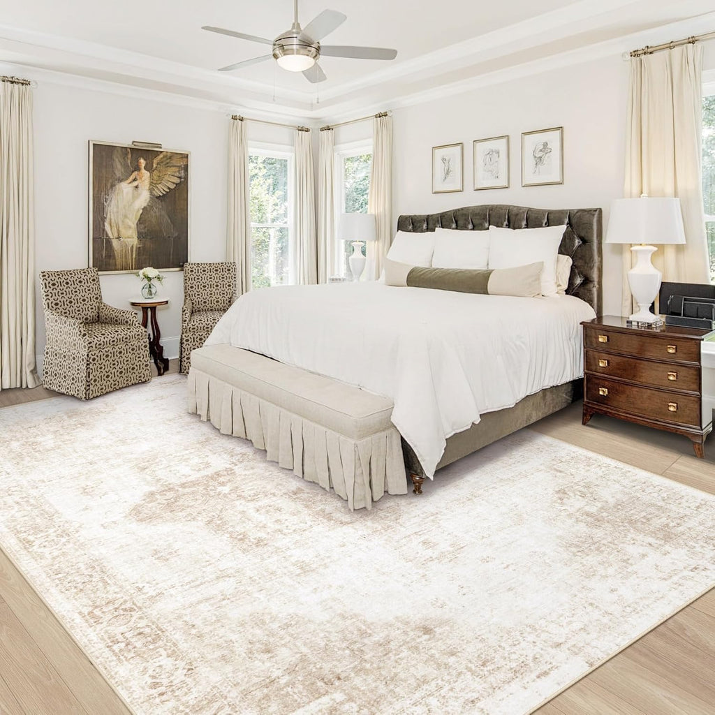 Area Rug 9x12 Washable Rug, Vintage Boho Medallion Rugs Non-Slip Soft Low Pile Large Distressed Rug Indoor Retro Carpet for Living Room Bedroom Dining Room Home Office (Beige, 9'x12')