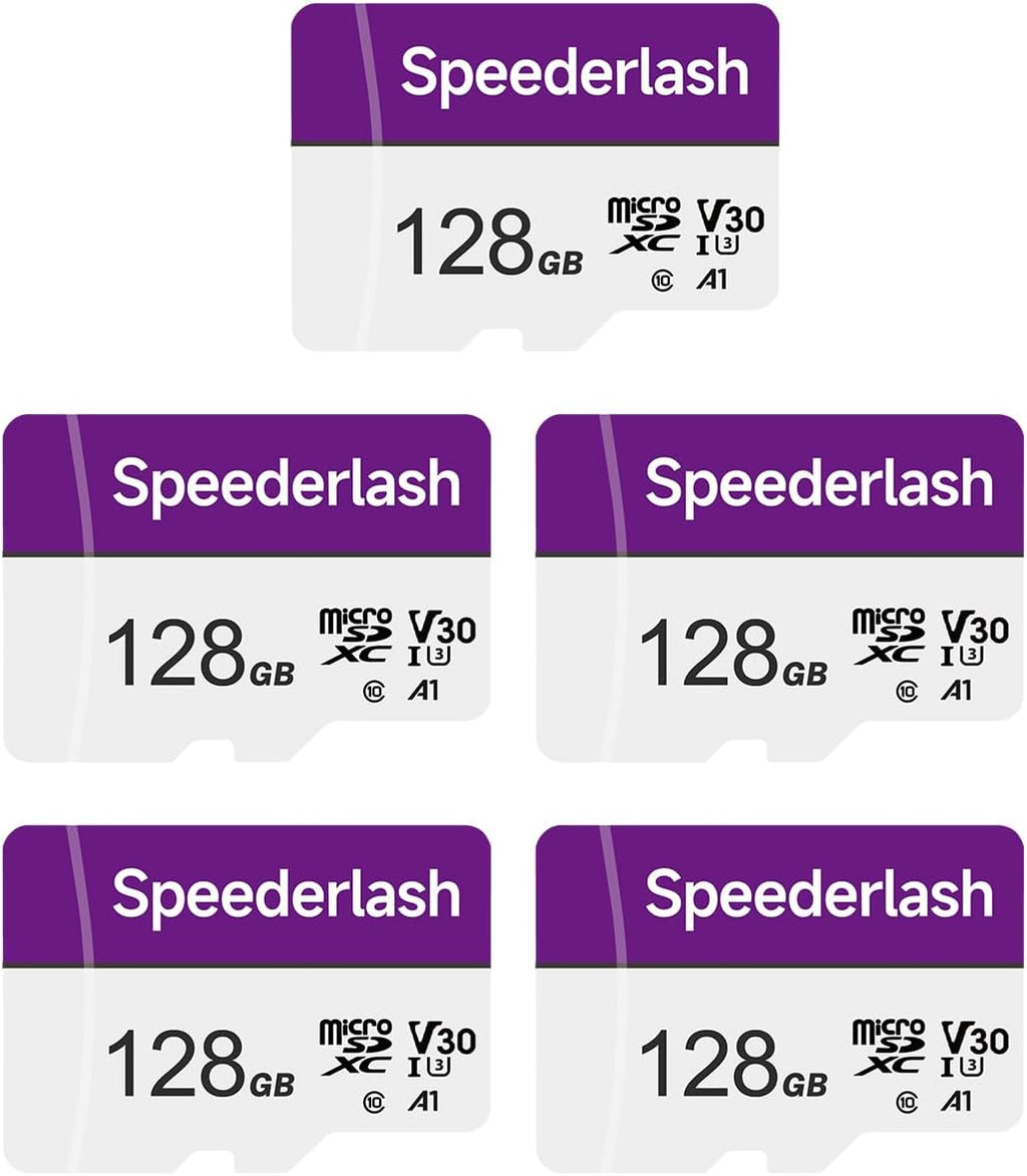 Micro SDXC Memory Card 128GB 5 Pack, Speederlash Camera Plus TF Card with Adapter, U3 V30, Up to 90MB/s Read Speed, 4K UHD&5K Video Support, U3, V30, A1 Rated, Waterproof, for Security Camera, Dashcam
