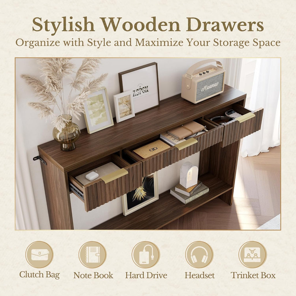 Console Sofa Table .3 Drawer Entryway Table with Open Storage Shelf, Narrow Long Behind Couch Sofa Table for Living Room .Black Walnut