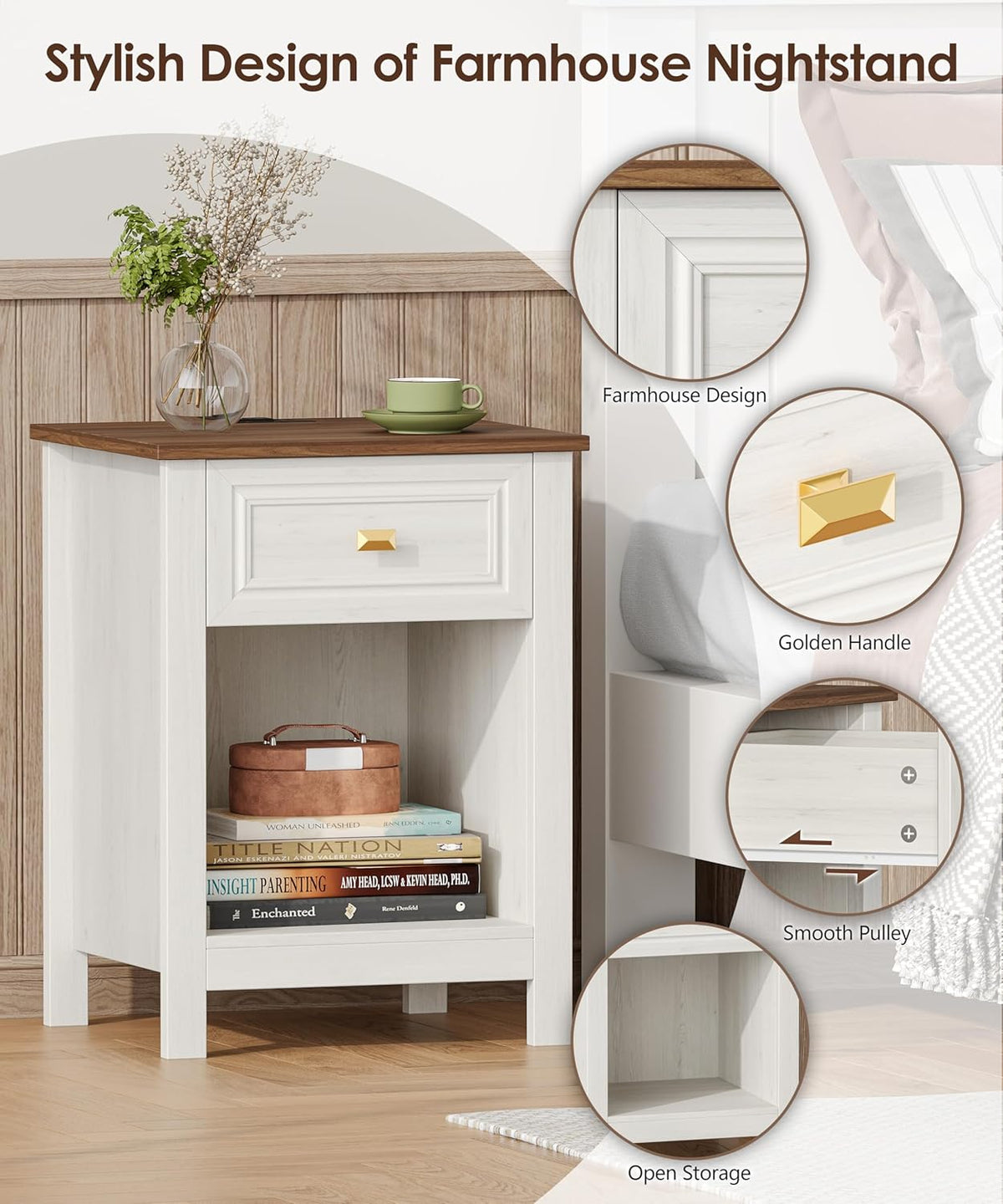 Akxomel Farmhouse Nightstands Set of 2, Night Stand with Charging Station, Wooden Side End Table with Drawer and Storage Shelf, Modern Bedside Table with Golden Handle, for Bedroom, Off White