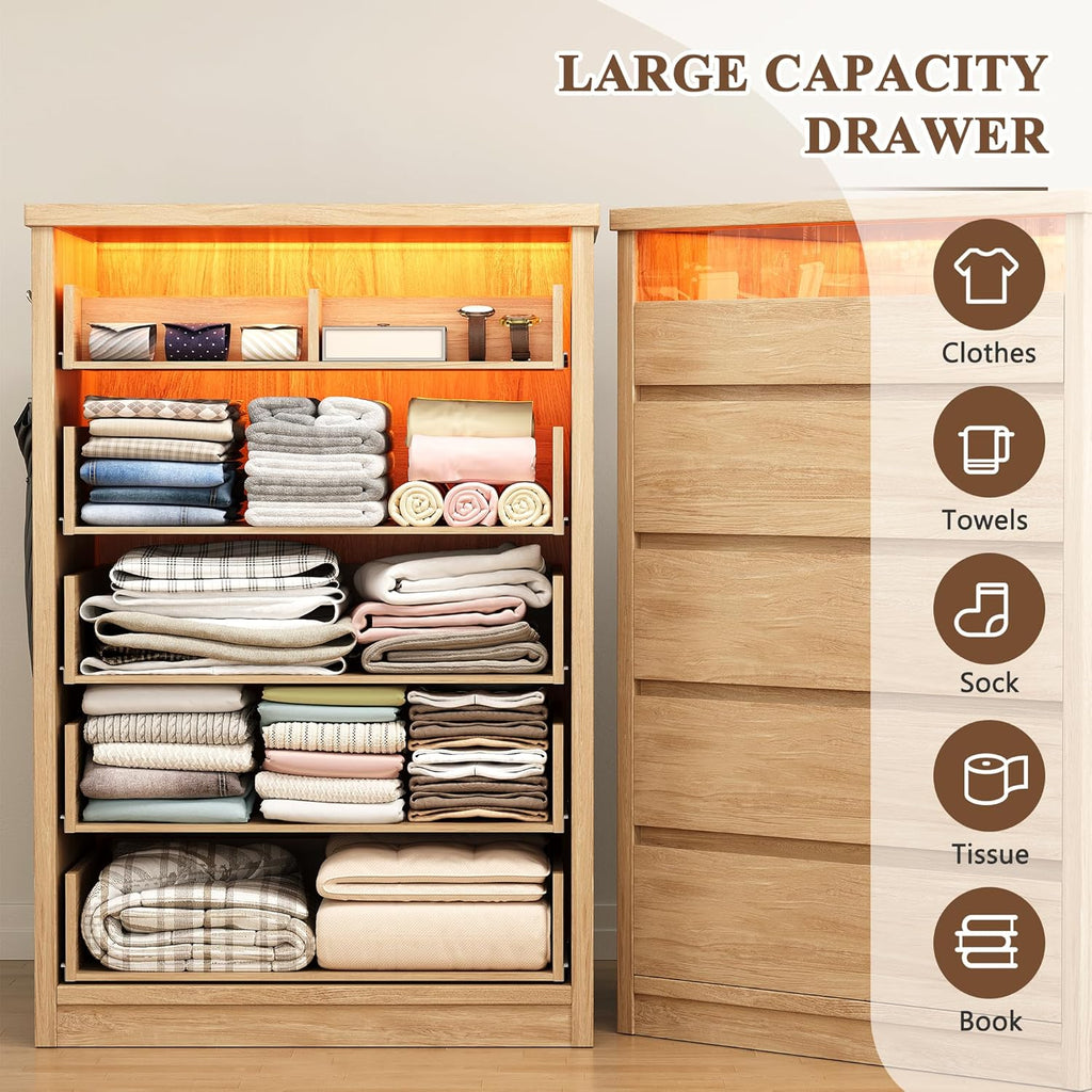 Jocoevol 5 Drawer Dresser for Bedroom with LED Light, Modern Chest of Drawers with Hidden Handles, Large Tall Wooden Dresser Closet for Living Room, Entryway, Hallway - Natural Oak