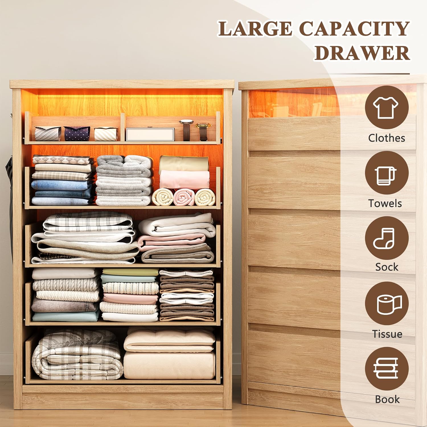 Jocoevol 5 Drawer Dresser for Bedroom with LED Light, Modern Chest of Drawers with Hidden Handles, Large Tall Wooden Dresser Closet for Living Room, Entryway, Hallway - Natural Oak