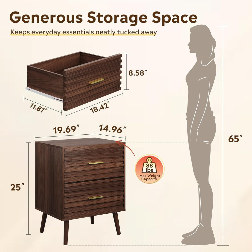 WLIVE Nightstands Set of 2, Mid Century Modern Bedside Tables with Fluted Drawers, Walnut Wood End Table with Storage for Bedroom, Accent Furniture