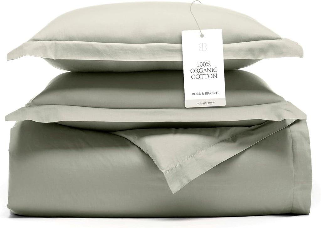 BOLL & BRANCH Signature Hemmed Duvet Set - Full/Queen, Sageleaf - Luxury 100% Organic Cotton - 1 Duvet Cover, 2 Shams - Buttery Soft, Hidden Closures